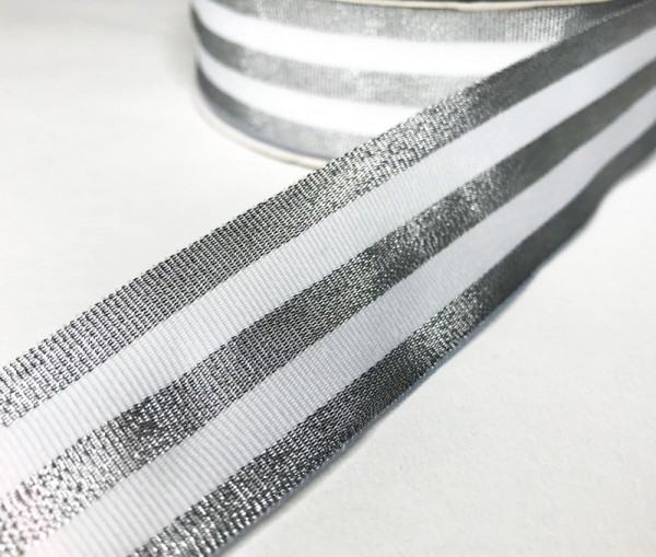 Ripsband Streifen breit, silber-weiß *Letzte 3,9 m*