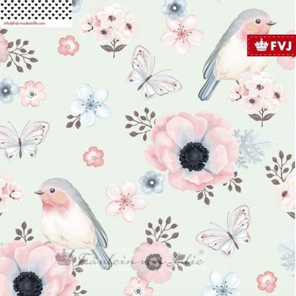 Fräulien von Julie Softshell, Bird&Flowers auf zartem mint, *Letztes Stück ca. 130 cm*