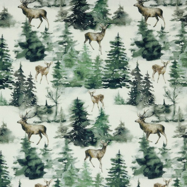 Digitaldruck Hirsche im Wald auf offwhite, Dekostoff