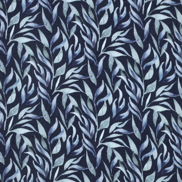 Double Gauze/Musselin, Digitaldruck Leaves auf dunkelblau