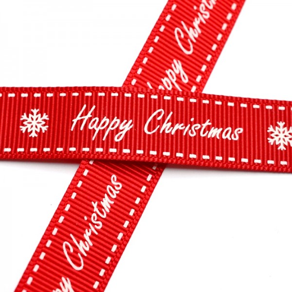Happy Christmas weiß auf rot, Ripsband