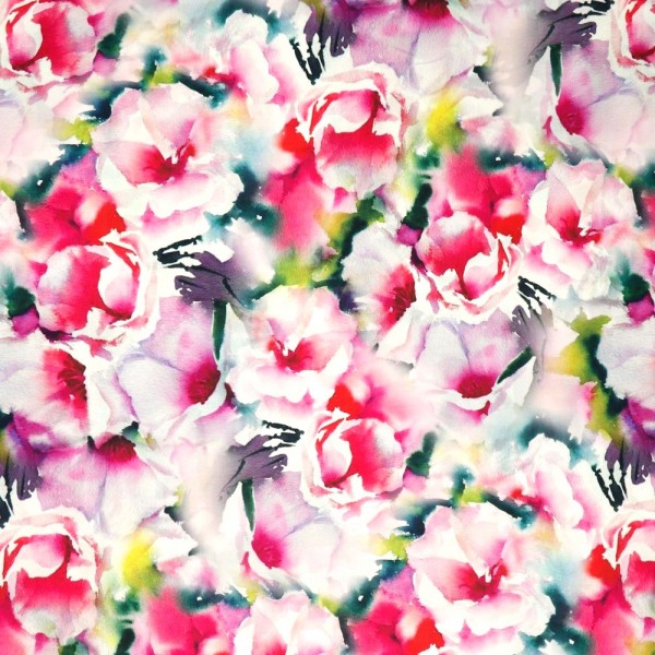 Viskose-Webstoff, Traumblüten bunt mit pink, Digitaldruck