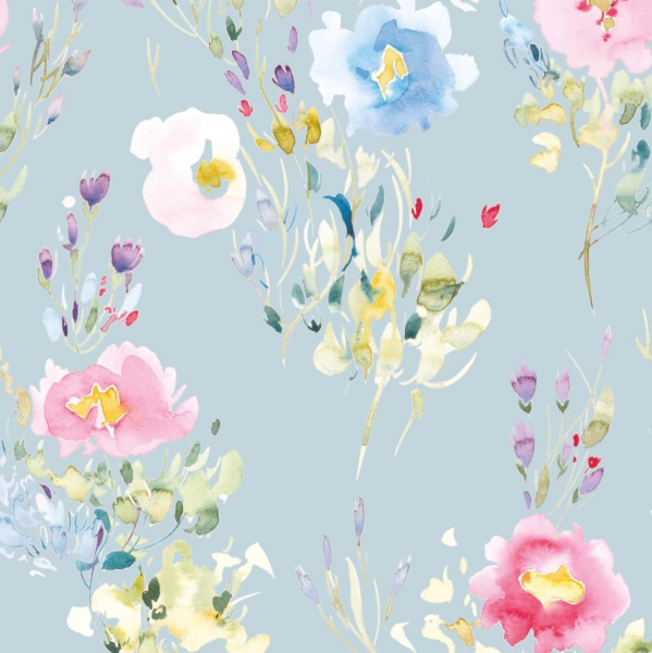 Digitaldruck Watercolor Flowers hellblau, Jersey