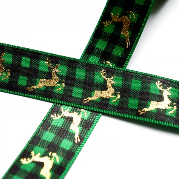 Satinband goldener Hirsch auf grünem Karo - 3 Meter