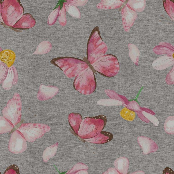 Digitaldruck Schmetterlinge rosa auf grau-meliert, Jersey