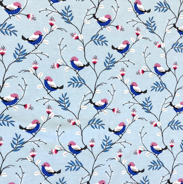 Vögelchen am Zweig hellblau, Jersey