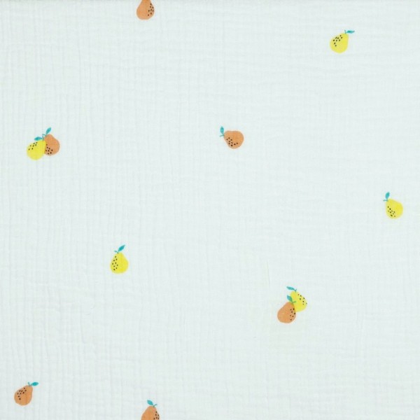 Bio-Double Gauze/Musselin, Kleine Birnen gelb/orange auf weiß
