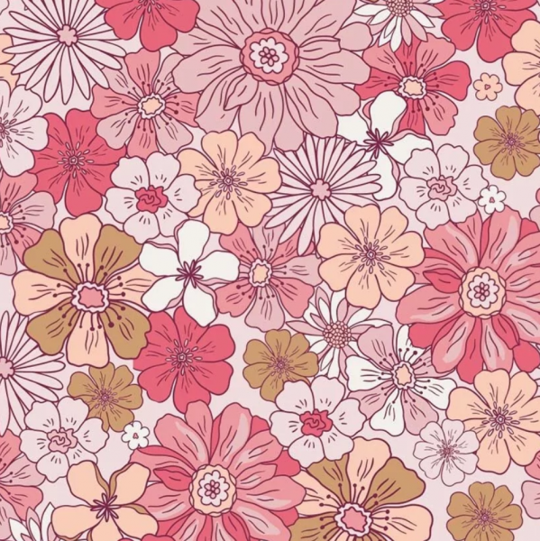 Waffel-Jersey Retro-Blumen pink