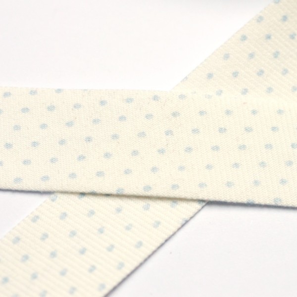 Schrägband, hellblaue Punkte auf weißer BIO-Baumwolle