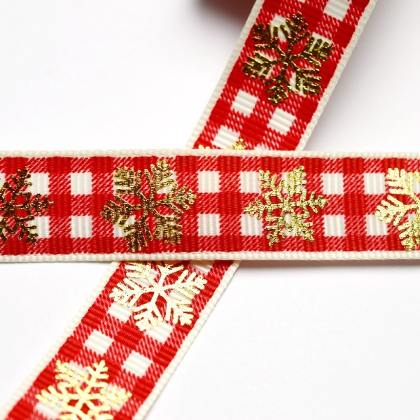 Ripsband goldene Schneeflocke auf rotem Karo - 3 Meter