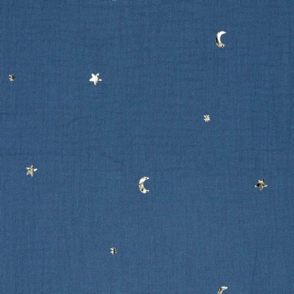 Double Gauze/Musselin, Moon&Stars glitzer auf jeansblau