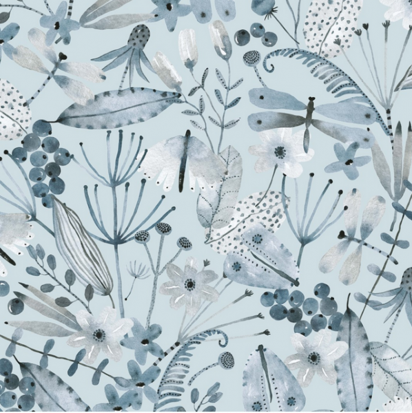 Viskose-Webstoff, Digitaldruck Butterfly&Flowers hellblau