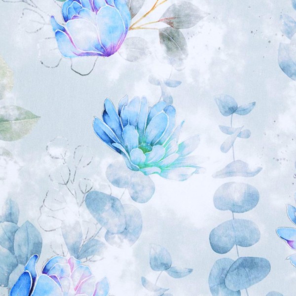 Digitaldruck, Jersey, Zarte Aquarellblüten hellblau
