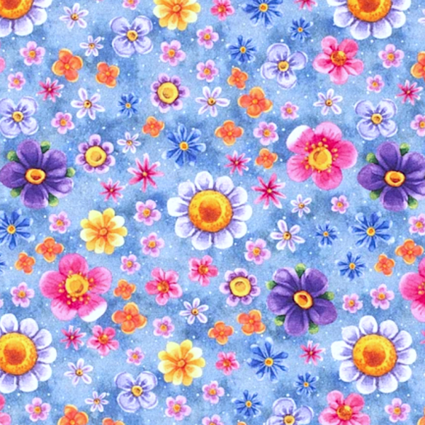 Digitaldruck Bunte Blumenwiese auf jeansblau-meliert, Jersey