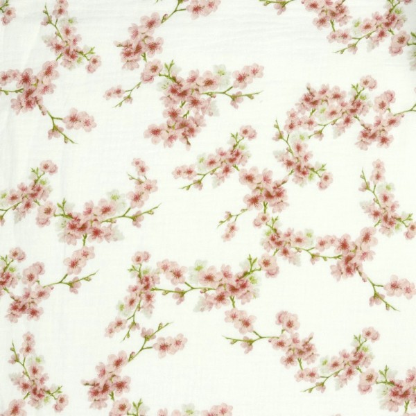 Bio-Double Gauze/Musselin, Digitaldruck Kirschblüten weiß, *Letztes Stück ca. 100 cm*