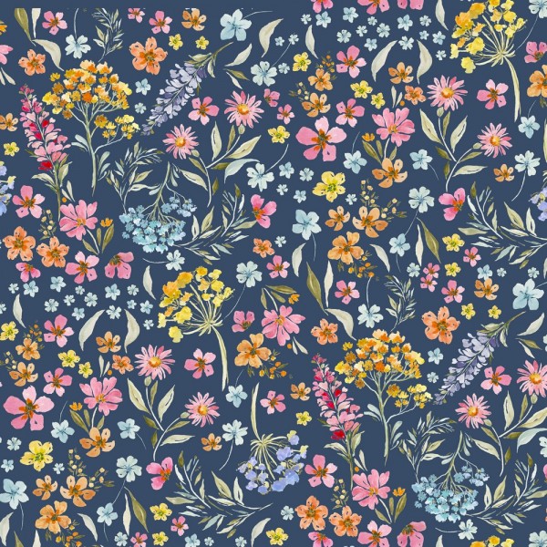 Digitaldruck Blumenwiese dunkelblau, Baumwoll-Popeline