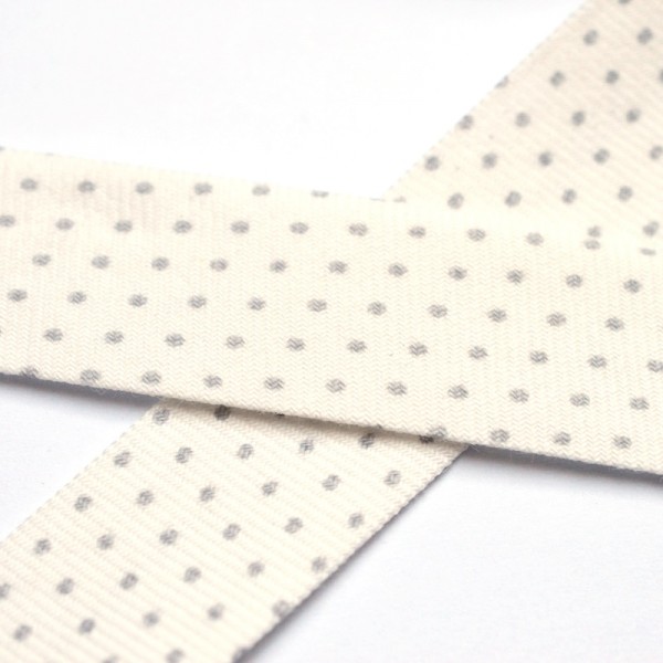 Schrägband, graue Punkte auf weißer BIO-Baumwolle