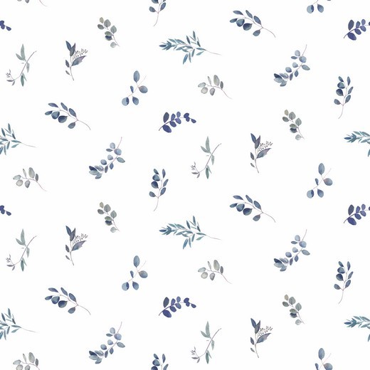 Digitaldruck Kleine Eukalyptusblätter blau auf weiß, Jersey