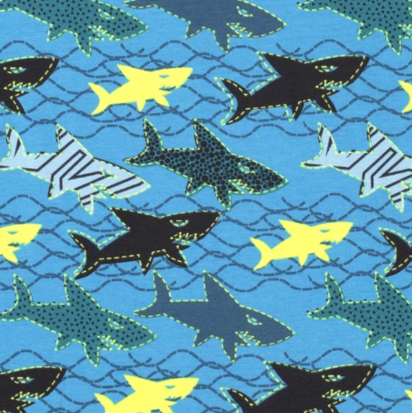Haifische auf türkisblau mit neongelb, Jersey