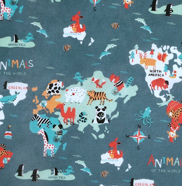 Weltkarte mit Tieren auf rauchblau, Baumwollstoff, *Letztes Stück ca. 140 cm*