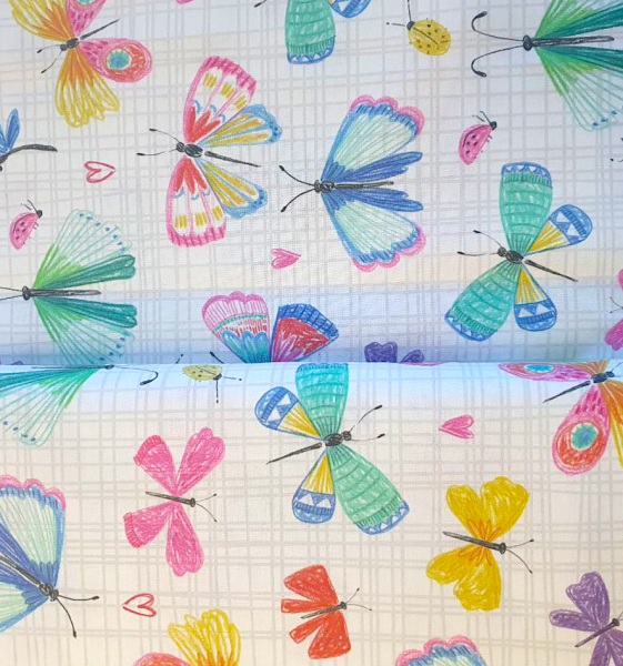 Dekostoff Digitaldruck Bunte Schmetterlinge auf grau-weiß-kariert