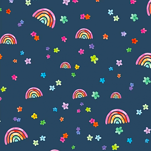 Jersey, Digitaldruck Rainbow&Flowers, dunkelblau