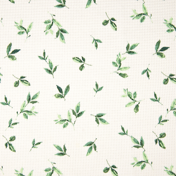 Waffel-Jersey Blätter mintgrün auf offwhite