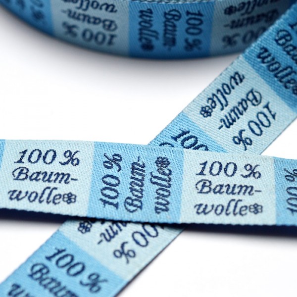 Textilkennzeichnung, 100% Baumwolle, blau, Webband