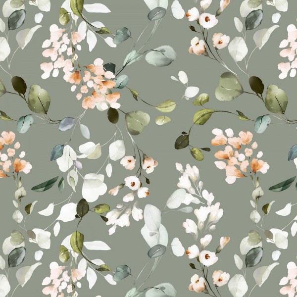 Dekostoff/Canvas Digitaldruck Eukalyptus&Flowers dunkles mint