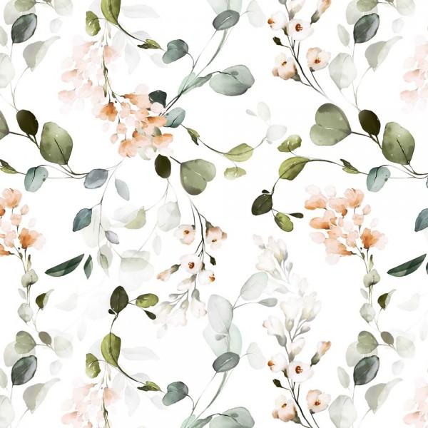 Dekostoff/Canvas Digitaldruck, Eukalyptus&Flowers auf weiß