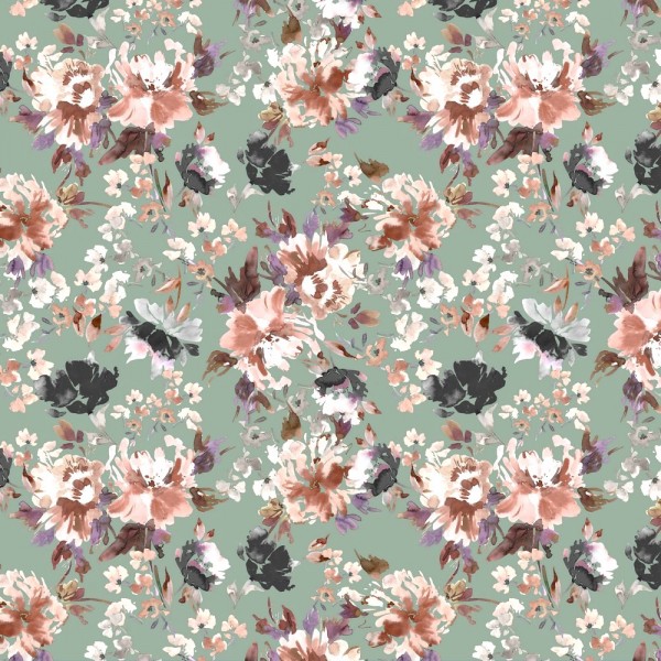 Digitaldruck Florals dunkles mint, Baumwollstoff, waschbar bei 60°