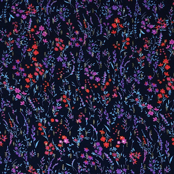 Viskose-Webstoff, Glitzer-Blumen dunkelblau