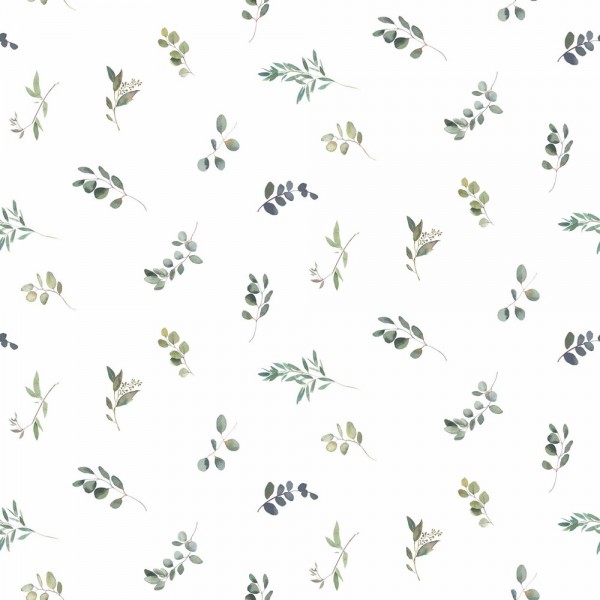 Digitaldruck Kleine Eukalyptusblätter grün auf weiß, Jersey