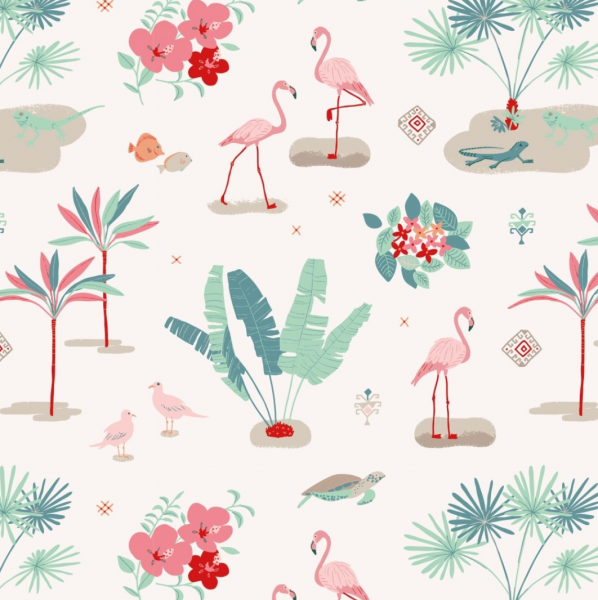 Jersey, Digitaldruck Tropical Flamingo offwhite