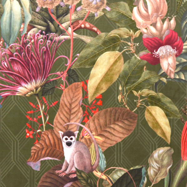Dekostoff, Digitaldruck Dschungel mit Äffchen grün