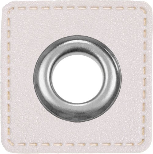 Kunstleder Ösenpatch, Quadrat, 10 mm Ø, weiß- breiter Ring