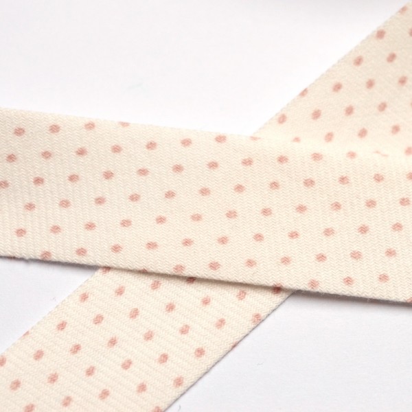 Schrägband, rosa Punkte auf weißer BIO-Baumwolle
