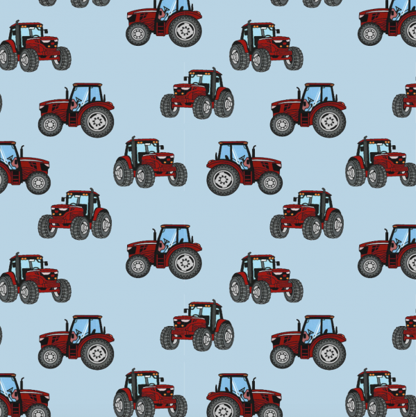 Traktoren rot auf hellblau, Baumwolllstoff
