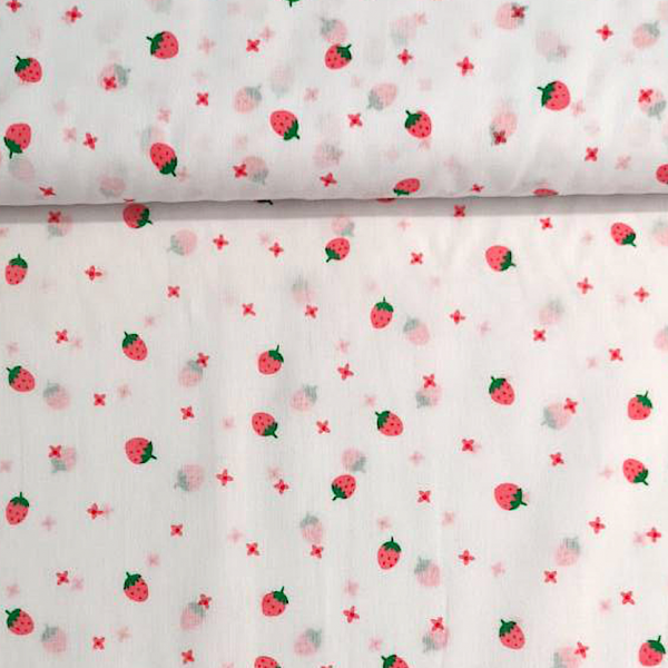 Viskose-Webstoff Kleine Erdbeeren rosa auf weiß