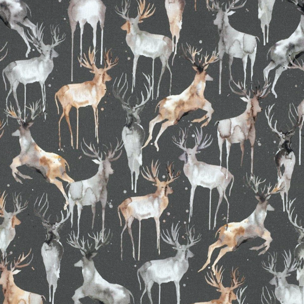 Dekostoff/Canvas Digitaldruck Hirschen auf graugrün