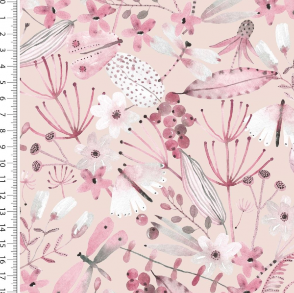 Viskose-Webstoff, Digitaldruck Butterfly&Flowers altrosa